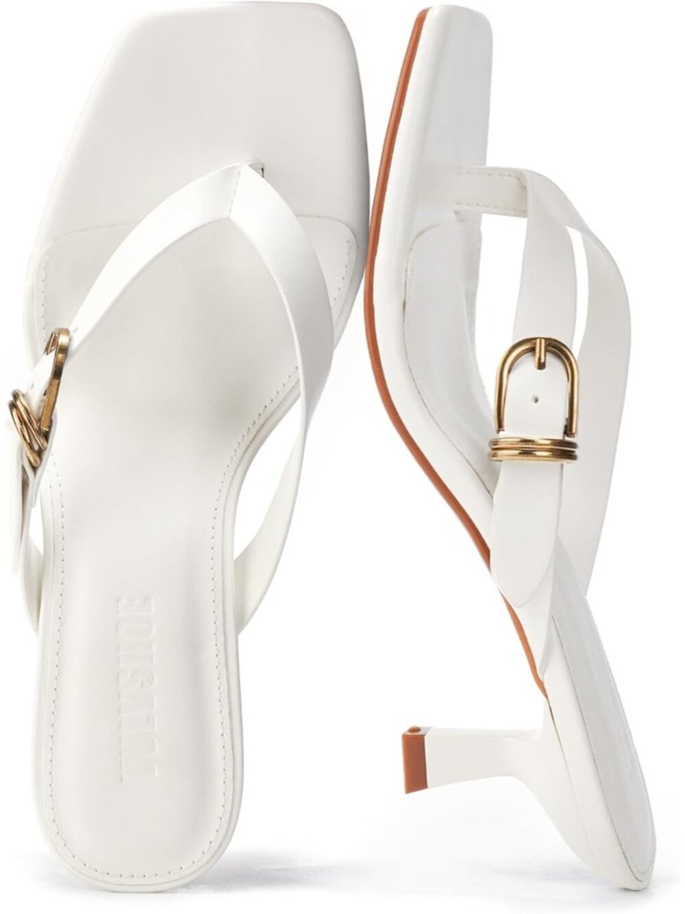 Women's White Faux Leather Square Open Toe Flip Flop 2 Inch Thong Heeled Sandals